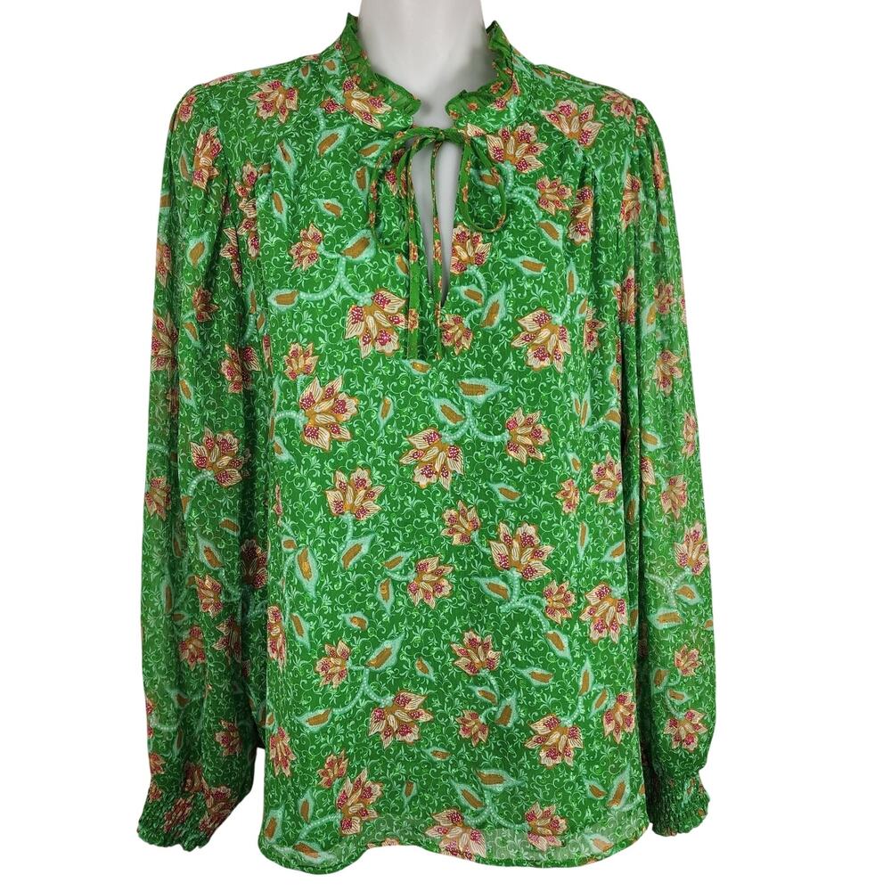 Joie Womens Blouse Floral Tie Front Ruffle Neck Smocked Long Sleeve Lime Green M